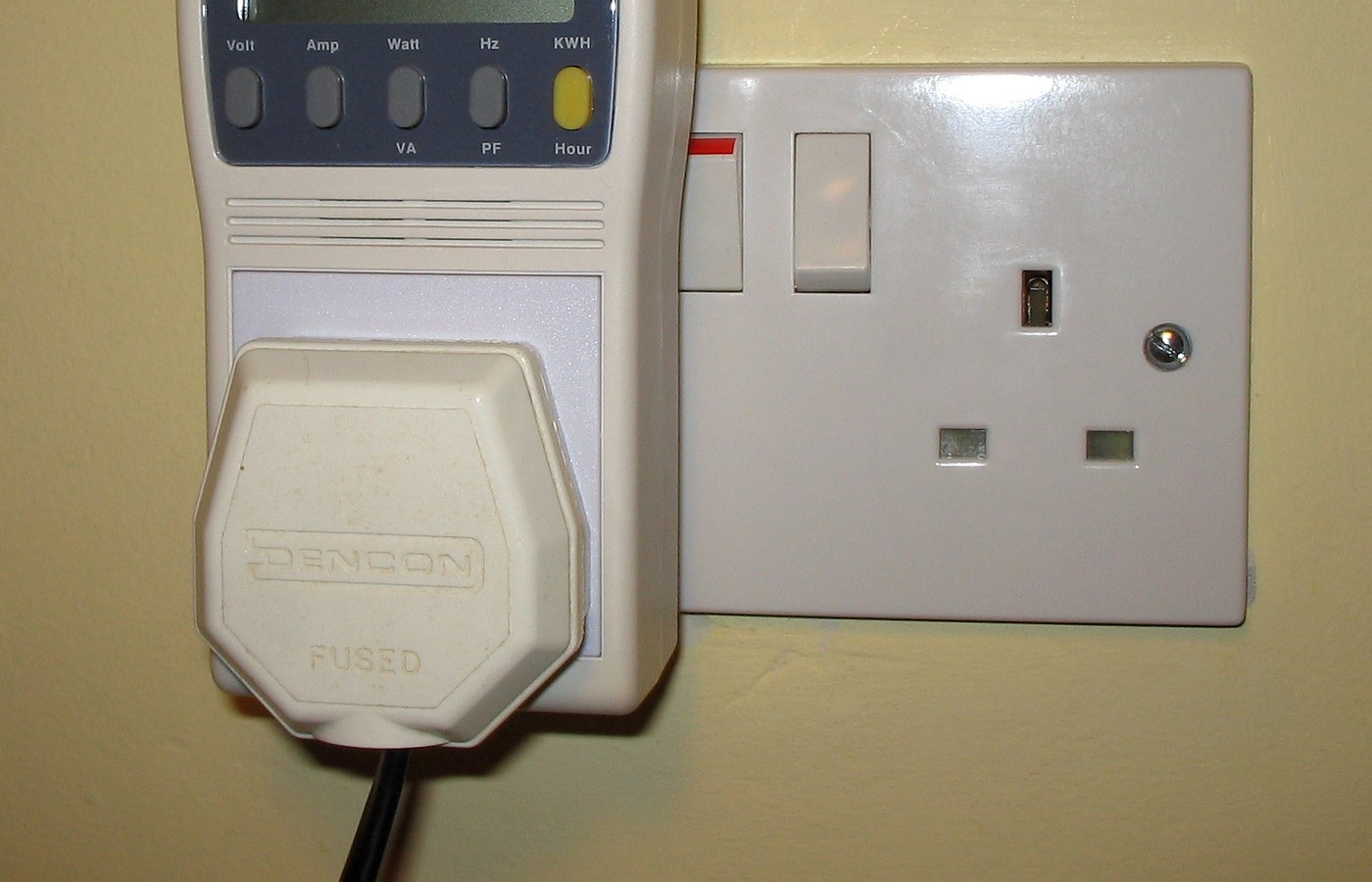 Real photo of plug-in power and energy monitor in uk domestic mains socket for How to compare running cost claims on product pages