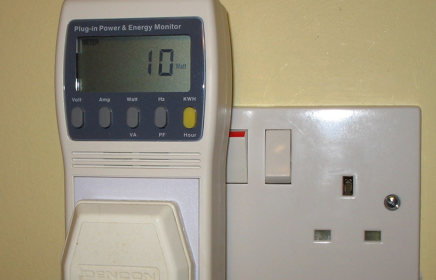Real photo of plug-in power and energy monitor in uk domestic mains socket for Plug-in energy monitors: what they can and cannot tell you